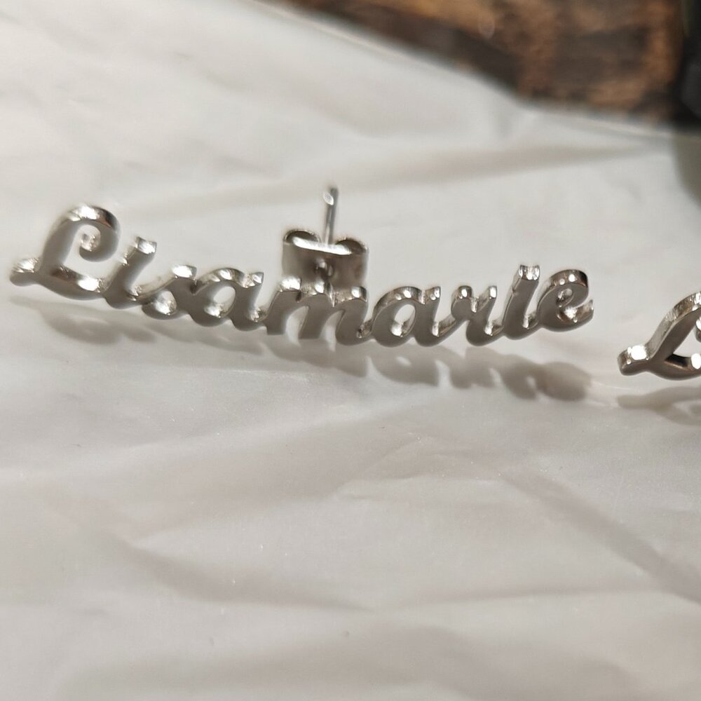 Name Earrings, "Lisamarie". Silver Plated. New